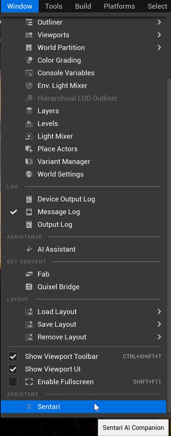 Unreal's Window menu with Sentari listed under Assistant
