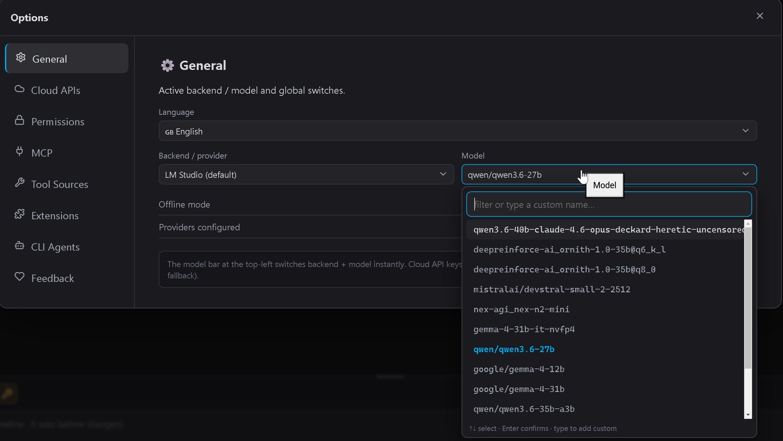 The model picker on the General tab of the Options panel