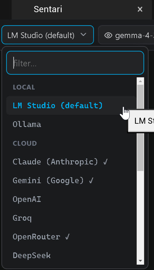 The backend dropdown showing the Local and Cloud groups