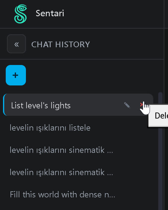 The chat history rail with the delete control on a conversation