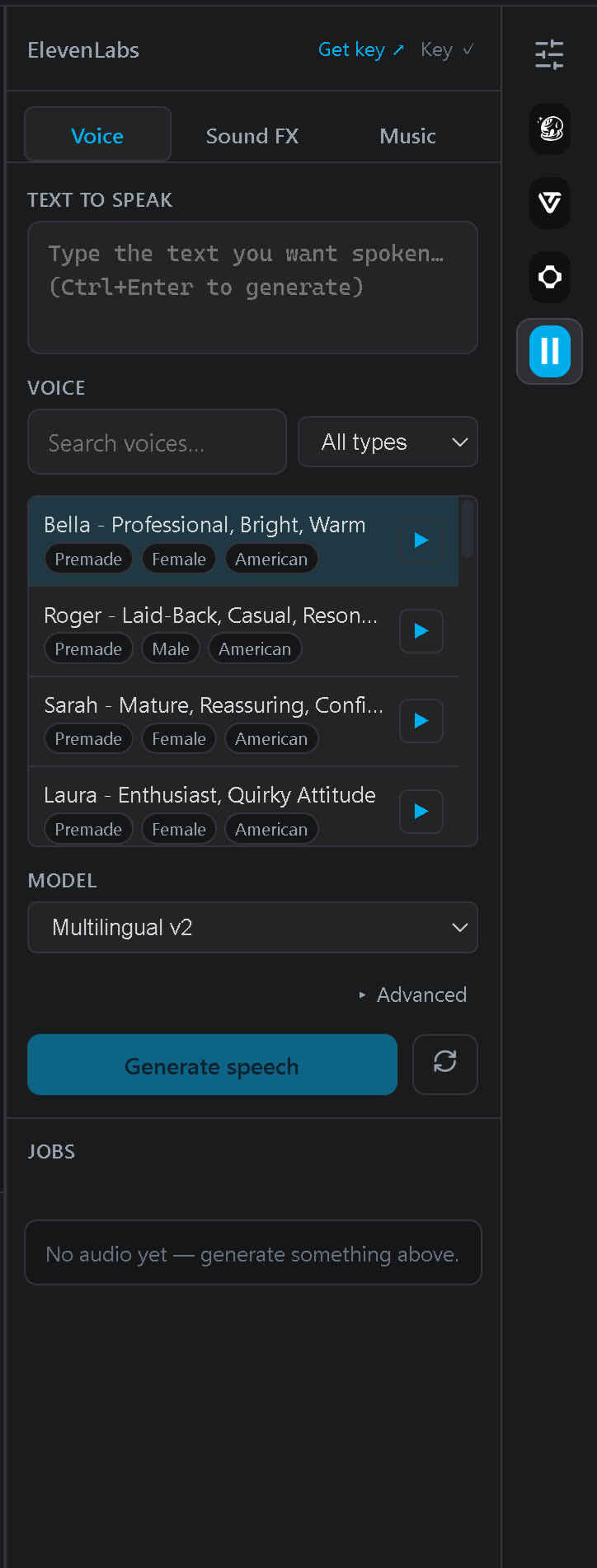 The ElevenLabs panel with Voice, SFX and Music sub-tabs