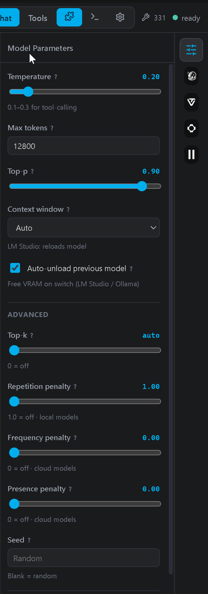 The Model Parameters panel in the right dock