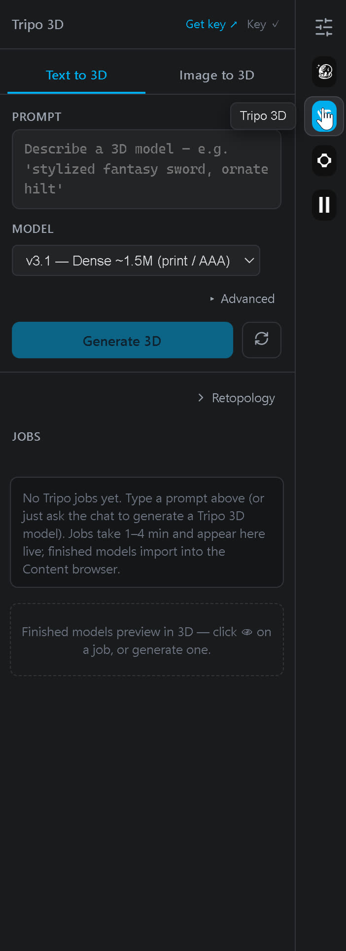The Tripo 3D provider panel