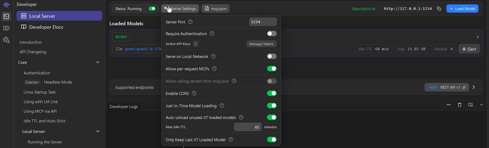 LM Studio's local server settings, reachable on 127.0.0.1:1234