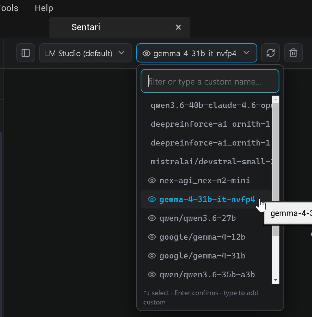 The model dropdown listing locally loaded models with vision markers