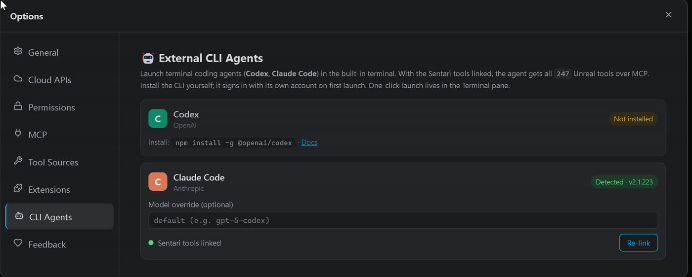 Options, CLI Agents tab: launch and monitor external coding agents