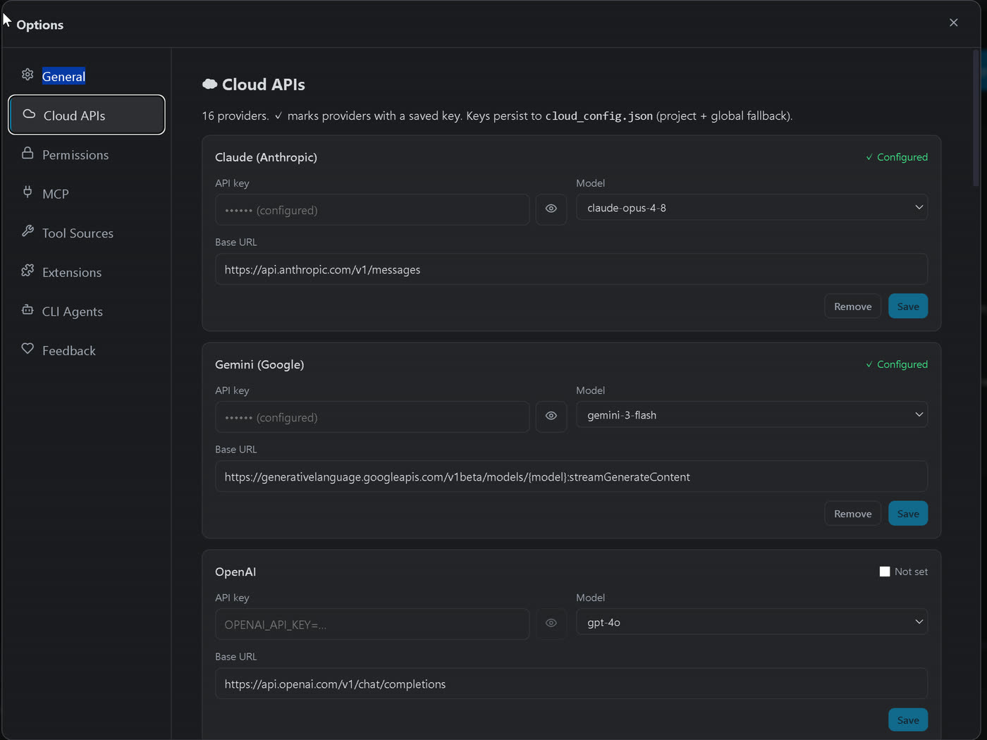 Options, Cloud APIs tab: one card per provider with a key field and Save