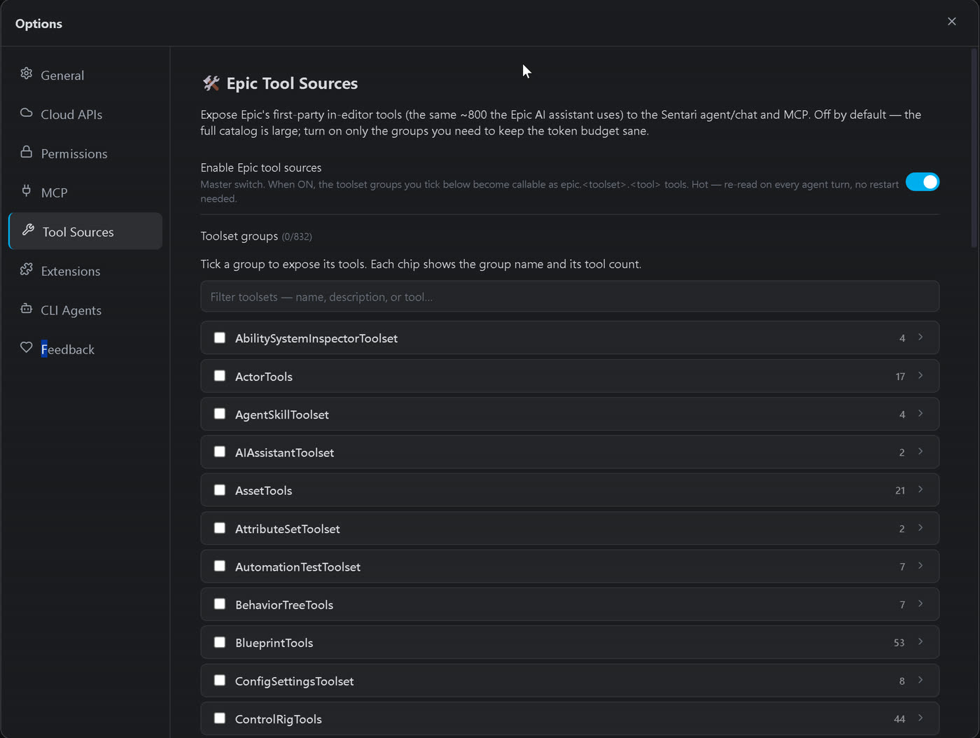 Options, Epic Tool Sources tab with per-source toggles
