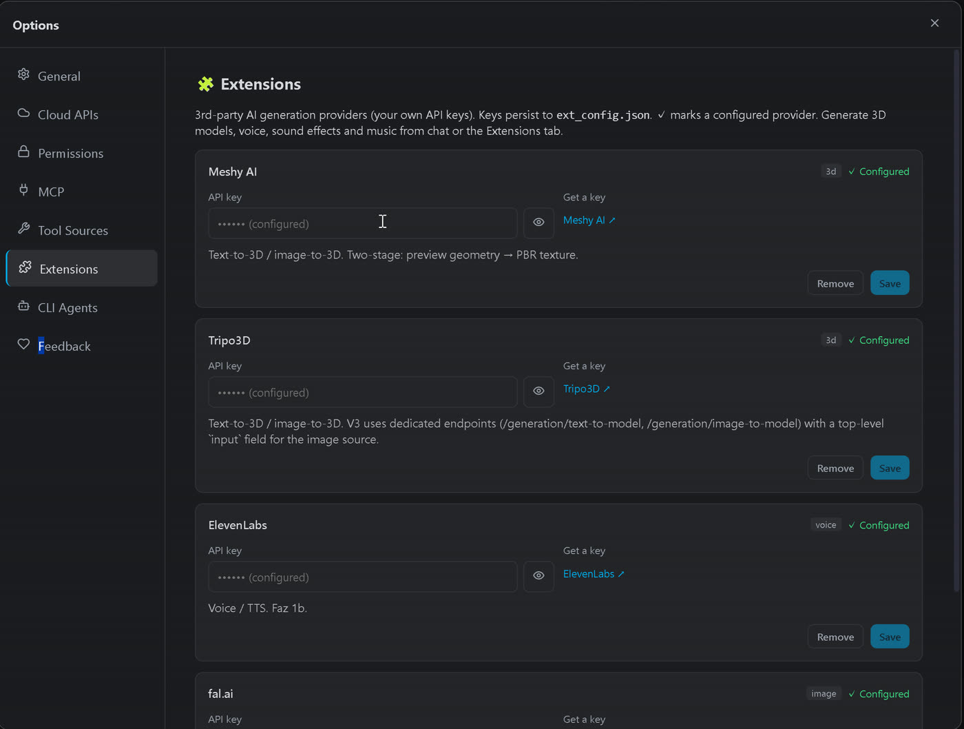 Options, Extensions tab: API keys for the generative providers