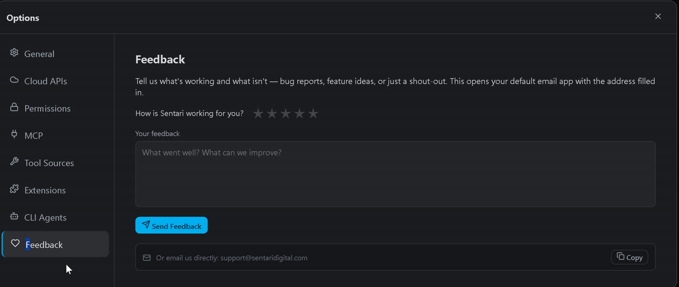Options, Feedback tab: rating and message