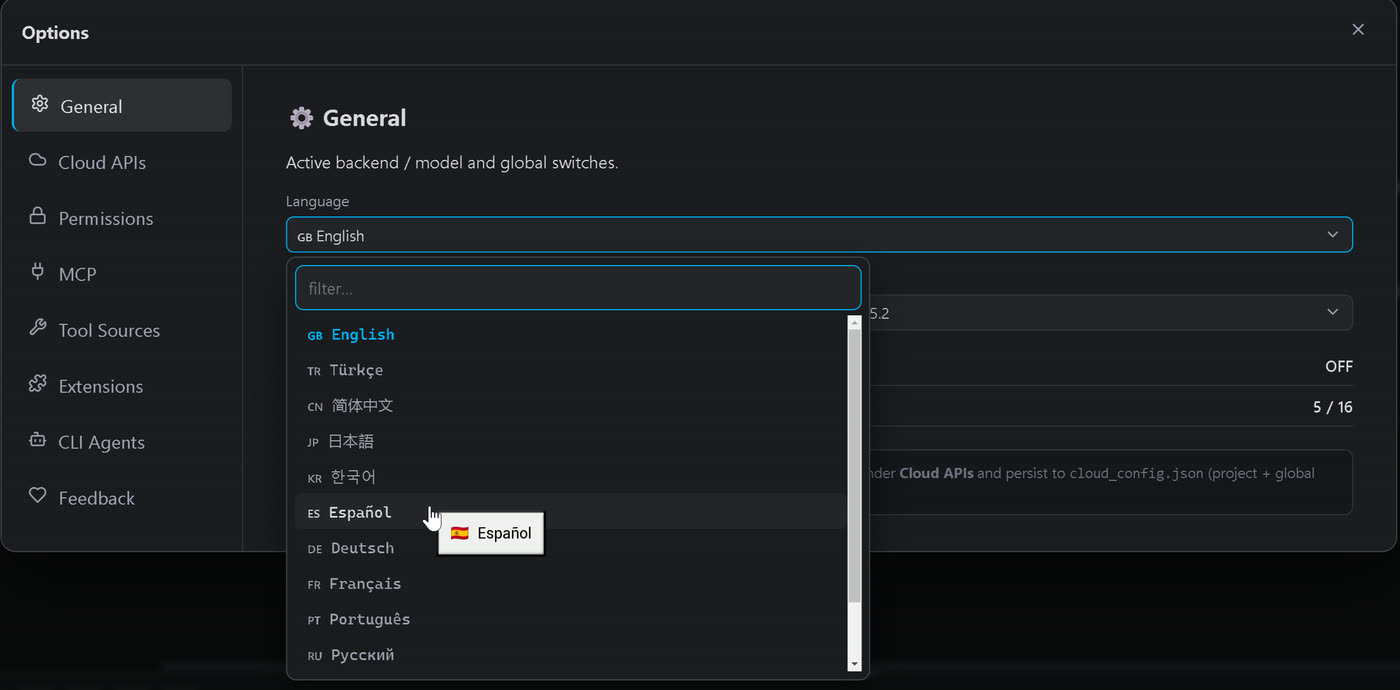Options, Language tab: choose the panel interface language