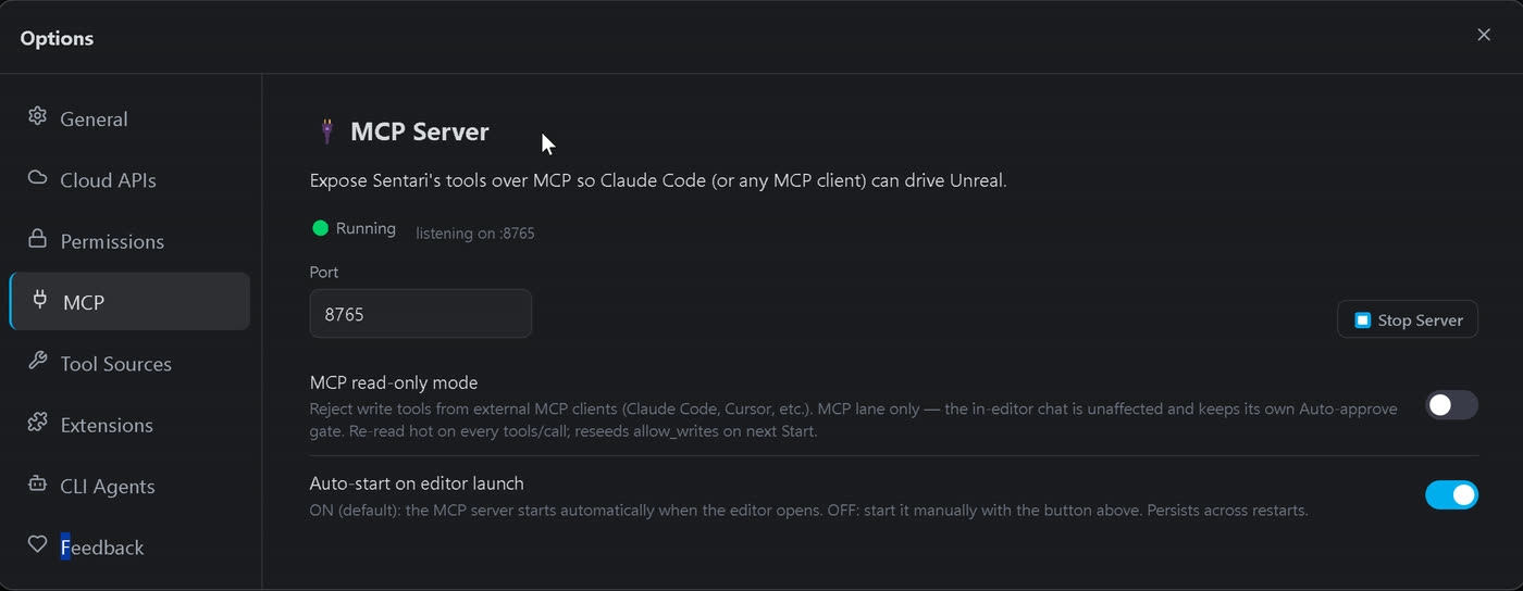 Options, MCP tab: start and stop the local MCP tool server