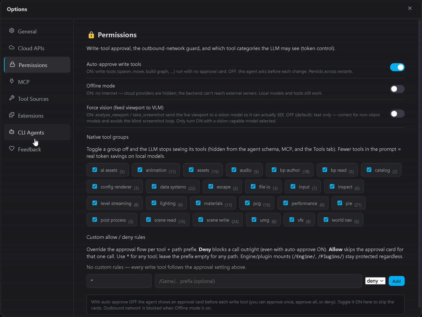 Options, Permissions tab: auto-approve and permission rules