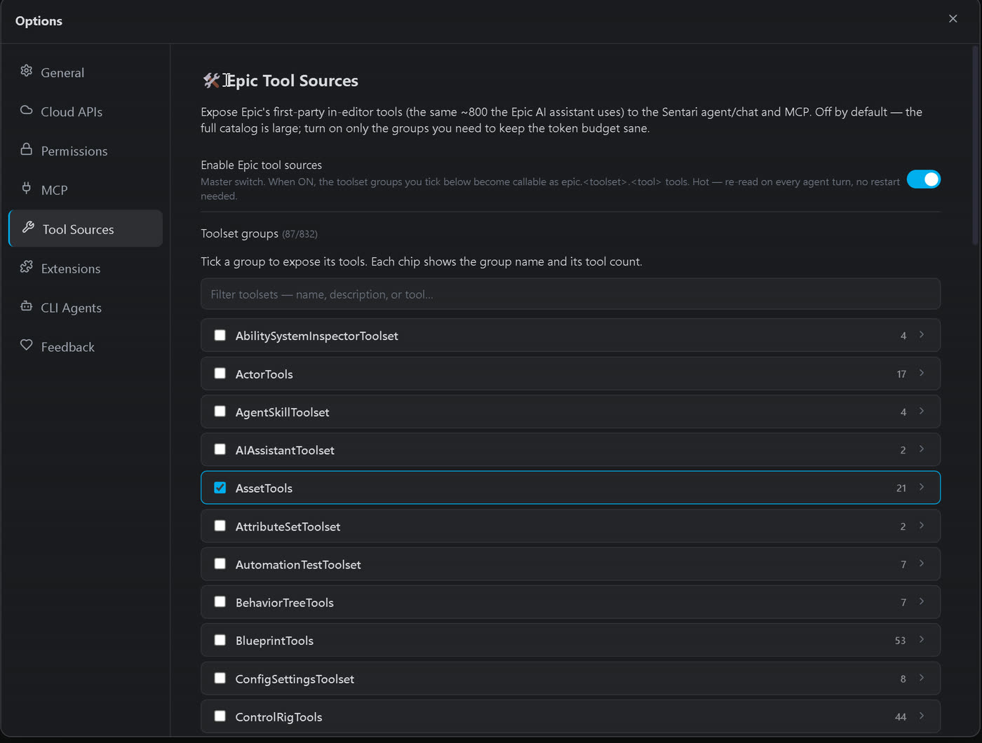 The Tool Sources list, grouping Epic tools by source