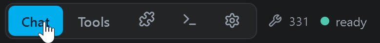 The toolbar: Chat/Tools toggle, extensions, terminal and settings icons, the live tool counter and the ready dot