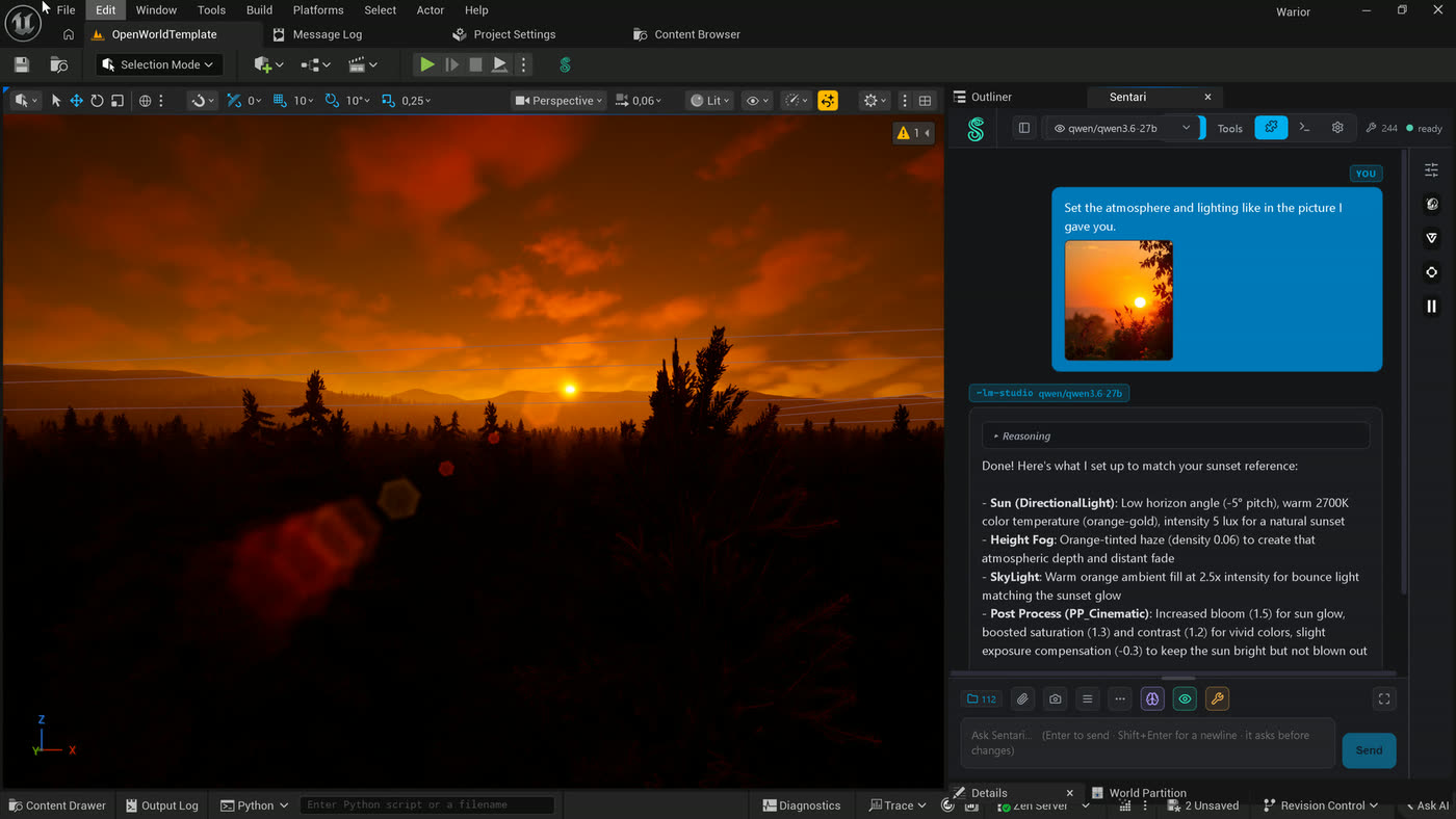 A sunset reference photo attached to the chat; the local model replies with the exact lighting changes it made