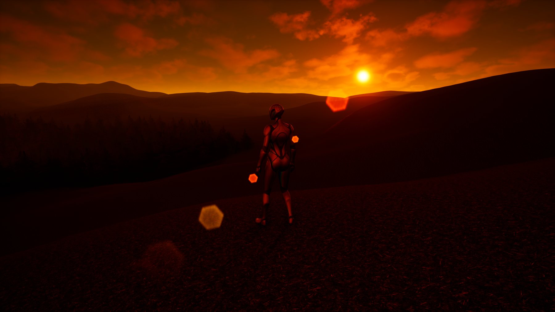 The resulting scene from the player's point of view: a warm low sun, orange haze and long shadows