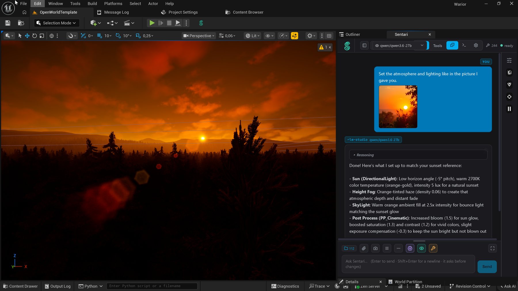 The Sentari panel with a sunset reference photo attached; the local model lists the exact lighting changes it made, with the result filling the viewport